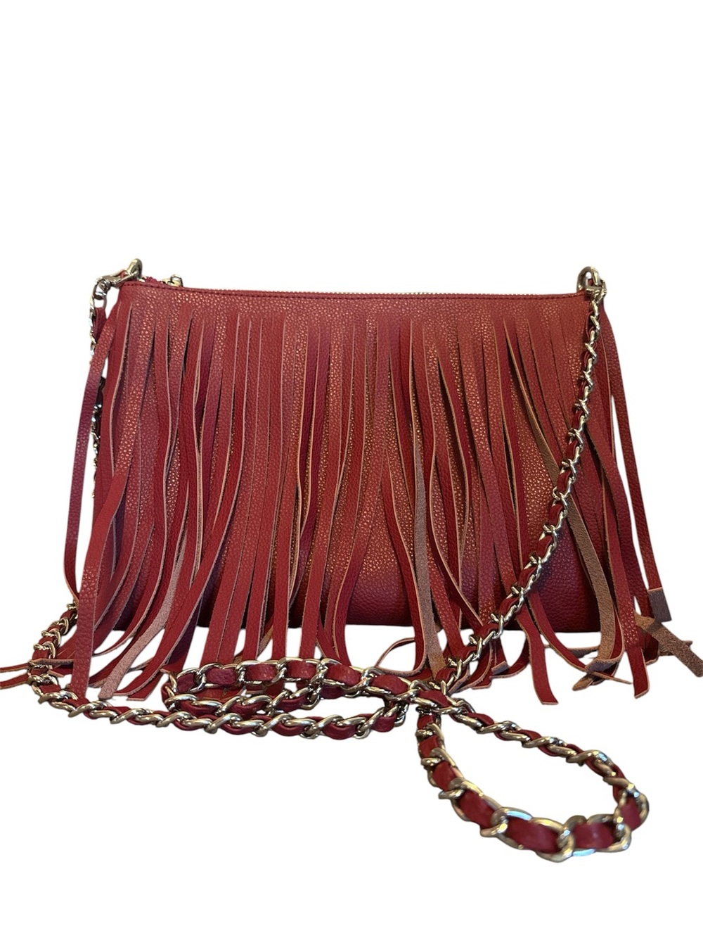 Posse Maroon Fringe Crossbody with Chain Strap
